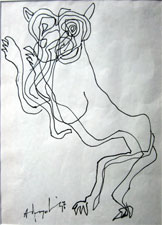 Figurative ink line drawing by K. M. Adimoolam, pen on paper, 1997, 8×10 inches