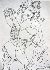 Krishna composition in pen by K. M. Adimoolam, 2006, 8.5×10.5 inches