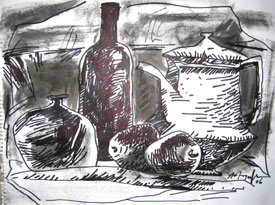 Ink and wash composition by K. M. Adimoolam, 2006, 21×18 inches
