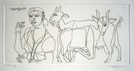 Goat Family etching on paper by Laxma Goud, 2006, 12×6 inches