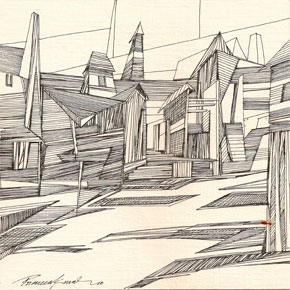 Cityscape drawing in pen on board by Praveen Kumar K. B., 2011, 10×10 inches